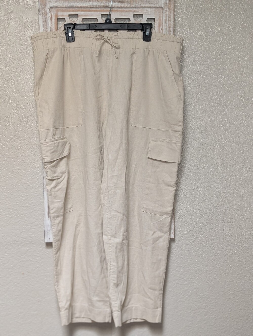 Time and Tru Womens XXL 20 Linen Rayon Pants Wide Leg High Rise Cargo Beige
